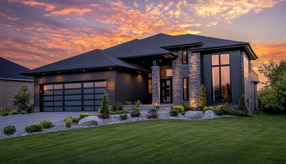 Modern suburban house during sunset, showcasing a beautifully maintained front yard. The house features a mix of dark horizontal siding and light stone accents, giving it a contemporary appearance