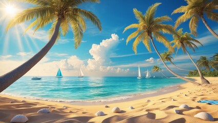 Wall Mural - beautiful tropical beach with palm trees and sailboats under a clear blue sky at midday