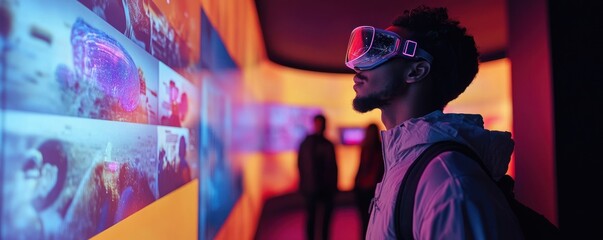 Man uses VR headset in vibrant museum; interactive display behind