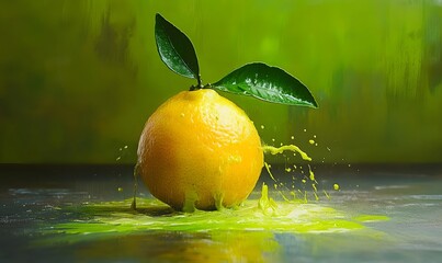 Orange juice splash, vibrant green background, food photography, website banner