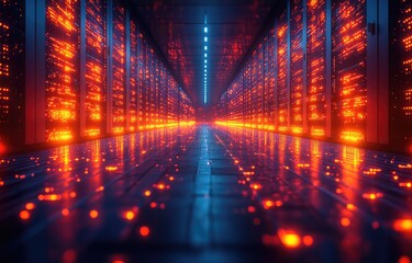 Poster - Abstract futuristic data center with glowing orange and blue server lights, perfect for technology branding, data-driven visuals, or cybersecurity themes