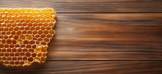 Poster - Golden honey flows from a piece of honeycomb, creating attractive splashes on a smooth wooden surface. The rich texture and vibrant color highlight the natural sweetness of this delicious treat.