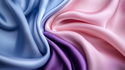 Poster - A soft-focus, luxury fabric background featuring deep, royal blue, soft pink, and rich purple silk satin folds.