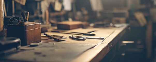 Wall Mural - Workshop tools on workbench; blurred background shows craftsmen at work; ideal for DIY, crafts, or manufacturing