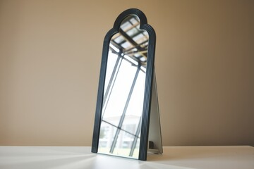 Poster - A sleek, black arched mirror stands on a white surface, reflecting a modern building's interior.