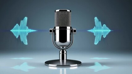 Poster - Sound waves are visualized as glowing lines emanating from a stylish chrome microphone on a reflective surface, illustrating audio recording or broadcasting in slow motion