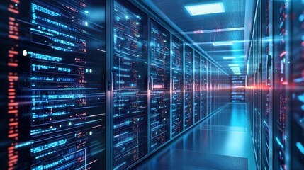 Poster - server racks emitting colorful lights and displaying complex code fill a modern data center, showcas