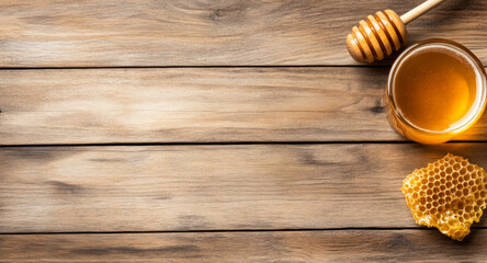 Poster - Rich golden honey flows around a rustic wooden surface. A honey dipper rests alongside a glass jar filled with liquid honey and a piece of honeycomb, showcasing the beauty of this natural sweetener.