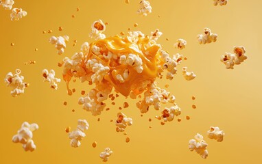 Canvas Print - Hovering caramel popcorn explosion with buttery shine on a pastel yellow background