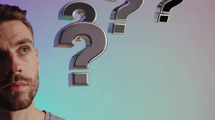 Aufkleber - Thoughtful man pondering questions represented by large, metallic question marks floating against a gradient background, symbolizing decision making and problem solving