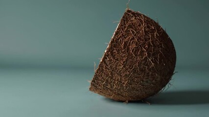 Aufkleber - Coconut half rotating slowly against turquoise background, revealing textured shell and creamy white interior with minimalist studio lighting and serene composition