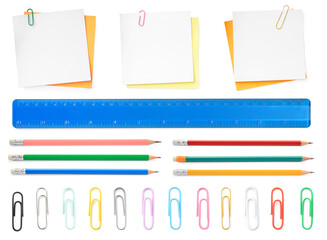 Wall Mural - Paper clips in different colors and other stationery isolated on white, set