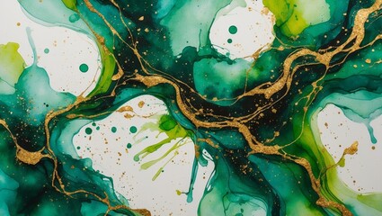 Poster - Colorful abstract art featuring green tones and gold accents in a fluid pattern on a white background