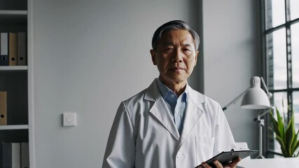Aufkleber - Respected asian doctor stands in his modern office, holding a clipboard, looking directly at the camera with a serious expression in slow motion