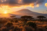 Scenic view of mount kilimanjaro at sunset with acacia trees in foreground, creating a beautiful landscape in amboseli national park, kenya