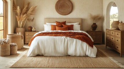 Wall Mural - Desert-style bedroom, linen bedding, sunlit, calm, rustic furniture, interior design