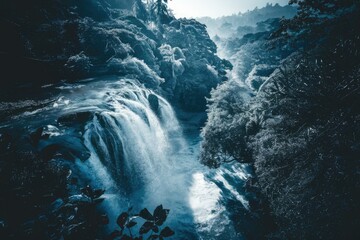 Poster - Serene waterfall cascading down rocky cliffs, surrounded by lush, vibrant greenery.