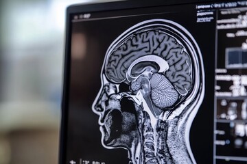Poster - doctor researching on brain mri and using computer with ai technology .