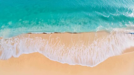 Poster - Turquoise ocean waves gently washing up on a pristine sandy beach in a slow motion sequence, creating a serene and mesmerizing tropical paradise