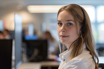 Poster - Young operator with headset working in customer service center