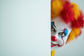 Poster - A close up of a clown peeking out from behind a white wall, looking funny and creepy. The clown has colorful makeup, bright red and yellow hair, and blue eyes, with space for text on the left.