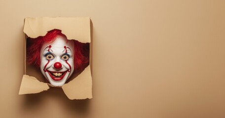 Poster - A clown's head emerging from the wall, against a beige background. A cardboard box with a hole in it is present, and the clown is smiling and looking directly at the camera.