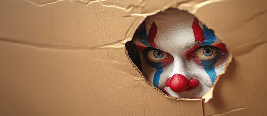 Poster - A clown peers out of a hole in a cardboard box, in a close-up portrait. The face is painted with red and blue paint, with large, expressive eyes. This evokes a concept of fear or folklore.