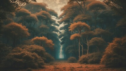 Poster - Dense forest glows with warm autumn hues under soft, diffused light during early evening