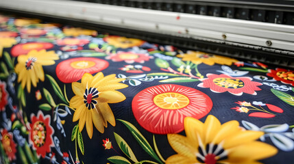 Printing colorful floral fabric patterns textile workshop image capture indoor close-up artistry and design