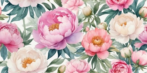 Poster - Floral pattern showcasing vibrant peonies in soft hues on a light background ideal for design inspiration