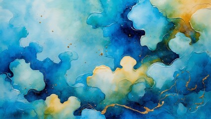 Poster - artistic abstract painting featuring blue and gold tones in a fluid, cloud-like design