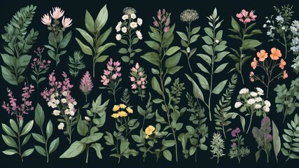 Poster - Colorful botanical illustration featuring a variety of plants and flowers against a dark background