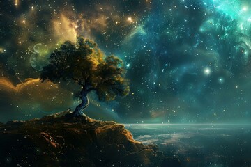 Wall Mural - surreal landscape featuring a luminous tree on a rocky coast against a backdrop of a vibrant nebula 