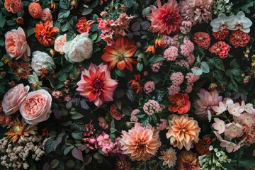 Poster - Beautiful mix of colorful flowers and leaves creating a vibrant and textured backdrop