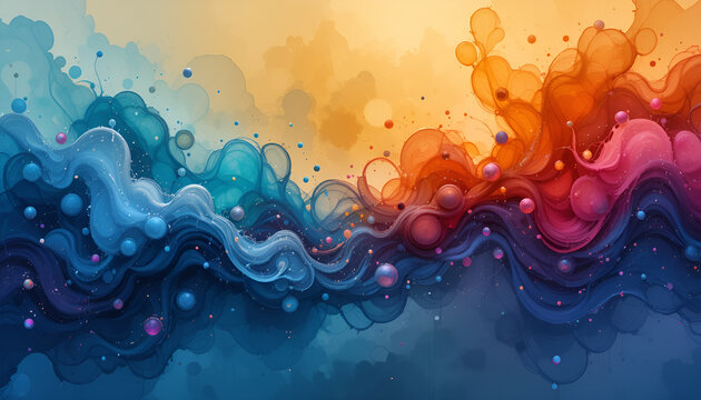 Abstract background with smooth color transitions.  Blue, purple, pink, orange,  yellow hues create a sense of movement. waves that flow into each other. Lots of small balls, add texture and volume