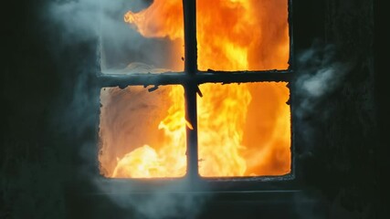 Poster - Intense flames and thick smoke billowing from the window of a burning building create a dramatic and perilous scene, highlighting the dangers of fire and the urgency of emergency response