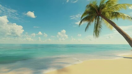 Aufkleber - Relaxing slow motion footage showcases a picturesque tropical beach with turquoise water, white sand, and a gently swaying palm tree under a sunny sky