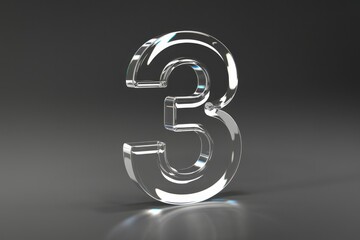 Poster - A transparent glass three-dimensional number three on a dark background.
