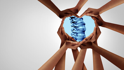 Poster - Chiropractic Care partnership and Spinal alignment with Chiropractors as heart hands in a group of diverse people connected together shaped as a support symbol as Holistic healing.