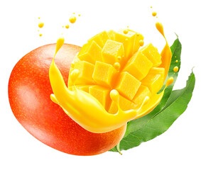 Wall Mural - mangoes in juice splash isolated on a white background