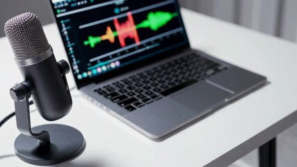 Poster - Professional microphone and laptop with audio editing software positioned for creating podcast content, showcasing modern digital recording environment in slow motion sequence