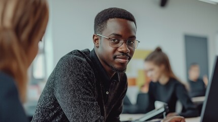 Aufkleber - In a vibrant and contemporary office, a confident young professional shares insights with a colleague, sparking creative dialogue amidst focused teamwork