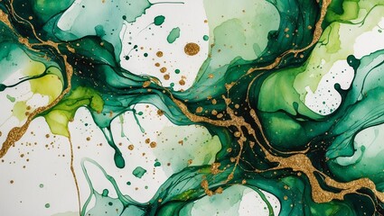 Poster - Vibrant abstract art showcasing swirling greens and gold accents formed by fluid painting techniques