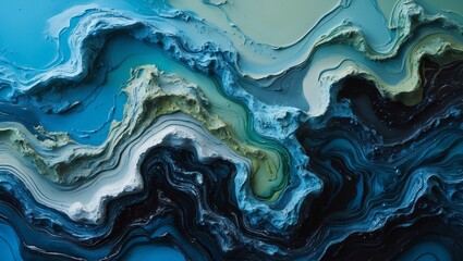 Poster - Elegant abstract waves in shades of blue and green with intricate textures resembling ocean currents