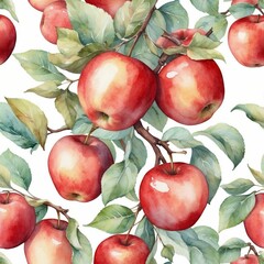 Poster - Red apples hanging on leafy branches create a vibrant and fresh pattern in a watercolor style suitable for backgrounds and decor