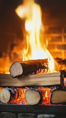 Poster - Bright flames engulfing logs in a fireplace, creating a warm and inviting atmosphere, perfect for enjoying cozy moments during cold winter nights at home