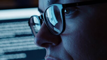 Aufkleber - Focused programmer wearing glasses intensely working on computer with code lines, revealing deep concentration in dimly lit workspace during late night coding session
