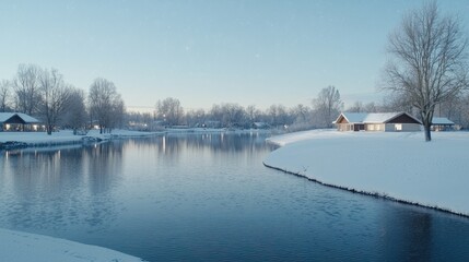 Wall Mural - Snowy lake houses winter sunrise calm