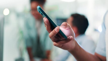 Poster - Business person, hands and typing with phone for app testing, development or software platform at office. Closeup, web designer or user with mobile smartphone for social media, research or UX and UI