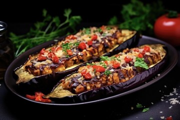 Wall Mural - Appetising Stuffed Eggplant with Fried Vegetables - Delicious Autumn Vegetarian Dish